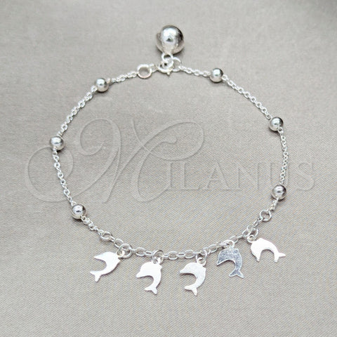Pulsera de Dije 03.409.0126.07 Plata Rodinada, Diseño de Delfín y Bola, Pulido, Tono Plateado (Grosor 01 MM, 7 Pulgadas de Largo)