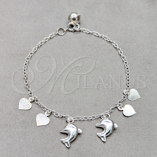 Pulsera de Dije 03.409.0127.07 Plata Rodinada, Diseño de Delfín y Corazón, Pulido, Tono Plateado (Grosor 01 MM, 7 Pulgadas de Largo)