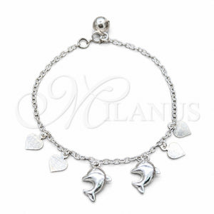 Pulsera de Dije 03.409.0127.07 Plata Rodinada, Diseño de Delfín y Corazón, Pulido, Tono Plateado (Grosor 01 MM, 7 Pulgadas de Largo)