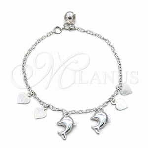 Pulsera de Dije 03.409.0127.07 Plata Rodinada, Diseño de Delfín y Corazón, Pulido, Tono Plateado (Grosor 01 MM, 7 Pulgadas de Largo)