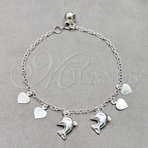 Pulsera de Dije 03.409.0127.07 Plata Rodinada, Diseño de Delfín y Corazón, Pulido, Tono Plateado (Grosor 01 MM, 7 Pulgadas de Largo)