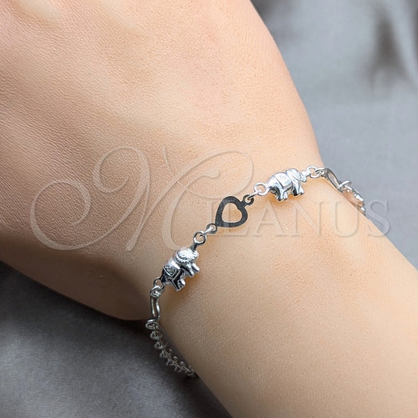 Pulsera de Dije 03.409.0128.07 Plata Rodinada, Diseño de Corazón y Elefante, Pulido, Tono Plateado (Grosor 01 MM, 7 Pulgadas de Largo)