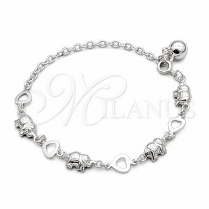Pulsera de Dije 03.409.0128.07 Plata Rodinada, Diseño de Corazón y Elefante, Pulido, Tono Plateado (Grosor 01 MM, 7 Pulgadas de Largo)