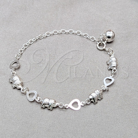 Pulsera de Dije 03.409.0128.07 Plata Rodinada, Diseño de Corazón y Elefante, Pulido, Tono Plateado (Grosor 01 MM, 7 Pulgadas de Largo)