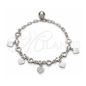 Pulsera de Dije 03.409.0132.07 Plata Rodinada, Diseño de Corazón, Pulido, Tono Plateado (Grosor 01 MM, 7 Pulgadas de Largo)