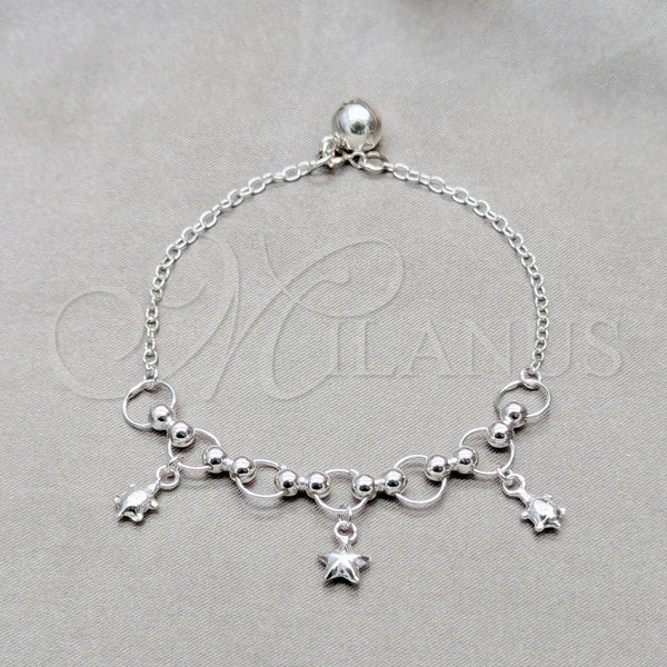 Pulsera de Dije 03.409.0134.07 Plata Rodinada, Diseño de Bola y Tortuga, Pulido, Tono Plateado (Grosor 01 MM, 7 Pulgadas de Largo)