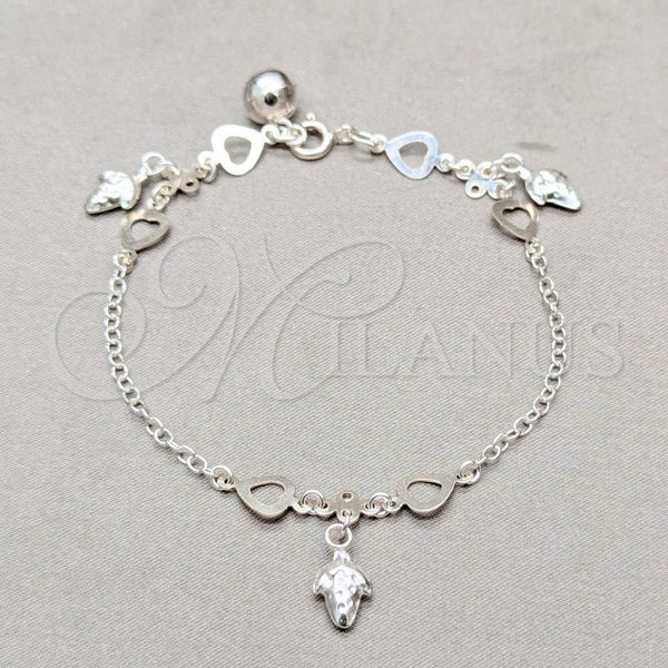 Pulsera de Dije 03.409.0136.07 Plata Rodinada, Diseño de Corazón y Uva, Pulido, Tono Plateado (Grosor 01 MM, 7 Pulgadas de Largo)