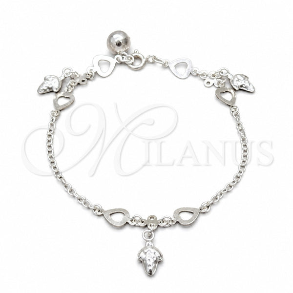Pulsera de Dije 03.409.0136.07 Plata Rodinada, Diseño de Corazón y Uva, Pulido, Tono Plateado (Grosor 01 MM, 7 Pulgadas de Largo)