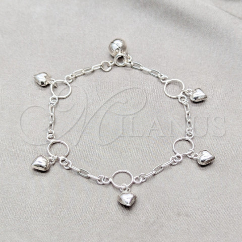 Pulsera de Dije 03.409.0140.07 Plata Rodinada, Diseño de Corazón, Pulido, Tono Plateado (Grosor 01 MM, 7 Pulgadas de Largo)