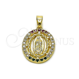Dije Religioso 05.210.0005.1 Oro Laminado, Diseño de Guadalupe y Torcido, con Zirconia Cubica Multicolor, Pulido, Tono Dorado