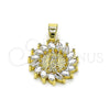Dije Religioso 05.210.0006 Oro Laminado, Diseño de Guadalupe, con Blanca Zirconia Cubica, Pulido, Tono Dorado