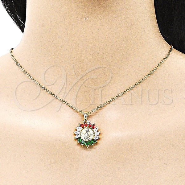 Dije Religioso 05.210.0006.1 Oro Laminado, Diseño de Guadalupe, con Multicolor Zirconia Cubica, Pulido, Tono Dorado