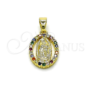 Dije Religioso 05.210.0007.1 Oro Laminado, Diseño de Guadalupe, con Zirconia Cubica Multicolor, Pulido, Tono Dorado