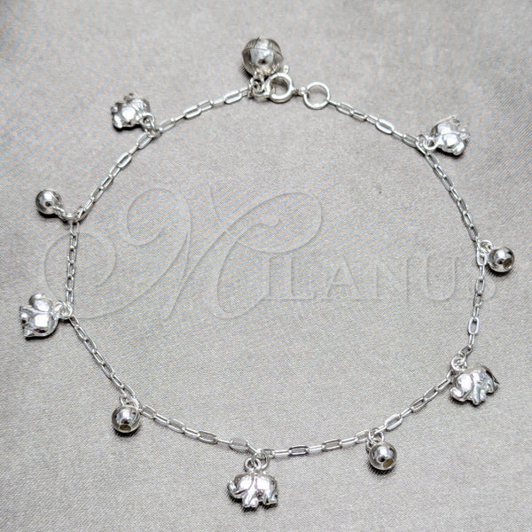 Tobillera de Dije 03.409.0145.10 Plata Rodinada, Diseño de Elefante y Bola, Pulido, Tono Plateado (Grosor 03 MM, 10 Pulgadas de Largo)