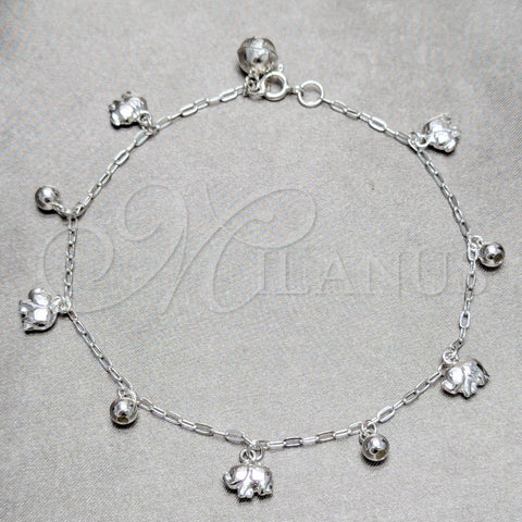 Tobillera de Dije 03.409.0145.10 Plata Rodinada, Diseño de Elefante y Bola, Pulido, Tono Plateado (Grosor 03 MM, 10 Pulgadas de Largo)