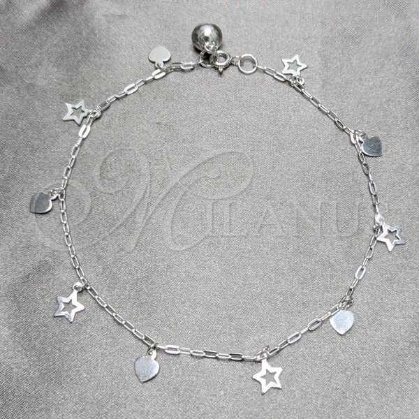 Tobillera de Dije 03.409.0146.10 Plata Rodinada, Diseño de Corazón y Estrella, Pulido, Tono Plateado (Grosor 03 MM, 10 Pulgadas de Largo)