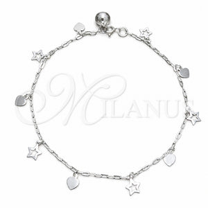 Tobillera de Dije 03.409.0146.10 Plata Rodinada, Diseño de Corazón y Estrella, Pulido, Tono Plateado (Grosor 03 MM, 10 Pulgadas de Largo)