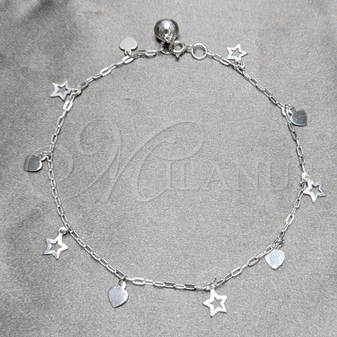 Tobillera de Dije 03.409.0146.10 Plata Rodinada, Diseño de Corazón y Estrella, Pulido, Tono Plateado (Grosor 03 MM, 10 Pulgadas de Largo)