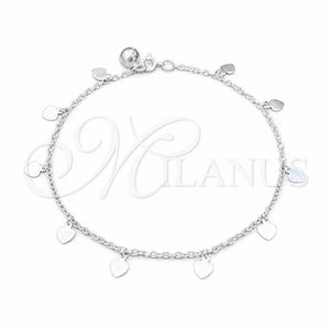 Tobillera de Dije 03.409.0148.10 Plata Rodinada, Diseño de Corazón, Pulido, Tono Plateado (Grosor 03 MM, 10 Pulgadas de Largo)