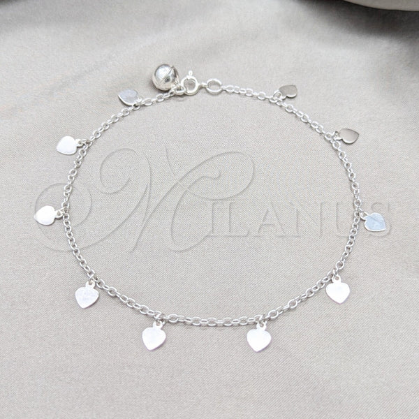 Tobillera de Dije 03.409.0148.10 Plata Rodinada, Diseño de Corazón, Pulido, Tono Plateado (Grosor 03 MM, 10 Pulgadas de Largo)