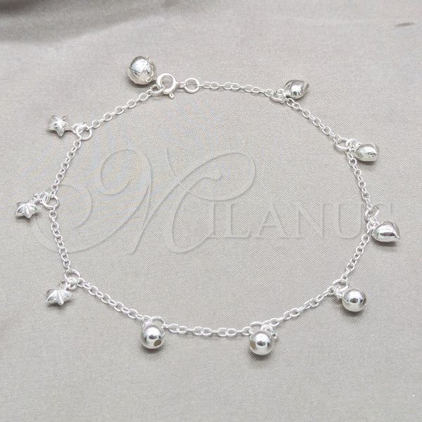 Tobillera de Dije 03.409.0149.10 Plata Rodinada, Diseño de Bola y Estrella, Pulido, Tono Plateado (Grosor 03 MM, 10 Pulgadas de Largo)