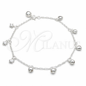 Tobillera de Dije 03.409.0149.10 Plata Rodinada, Diseño de Bola y Estrella, Pulido, Tono Plateado (Grosor 03 MM, 10 Pulgadas de Largo)