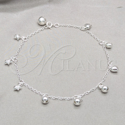 Tobillera de Dije 03.409.0149.10 Plata Rodinada, Diseño de Bola y Estrella, Pulido, Tono Plateado (Grosor 03 MM, 10 Pulgadas de Largo)