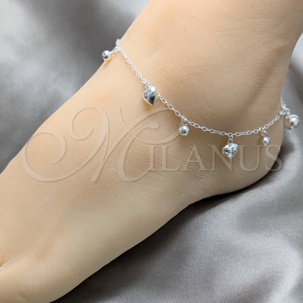 Tobillera de Dije 03.409.0150.10 Plata Rodinada, Diseño de Corazón y Bola, Pulido, Tono Plateado (Grosor 03 MM, 10 Pulgadas de Largo)