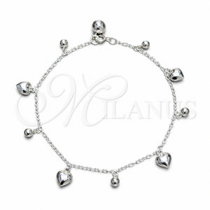 Tobillera de Dije 03.409.0150.10 Plata Rodinada, Diseño de Corazón y Bola, Pulido, Tono Plateado (Grosor 03 MM, 10 Pulgadas de Largo)