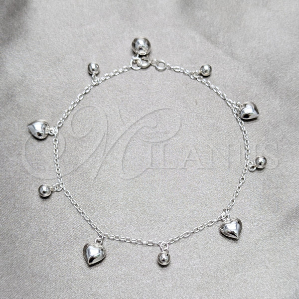 Tobillera de Dije 03.409.0150.10 Plata Rodinada, Diseño de Corazón y Bola, Pulido, Tono Plateado (Grosor 03 MM, 10 Pulgadas de Largo)