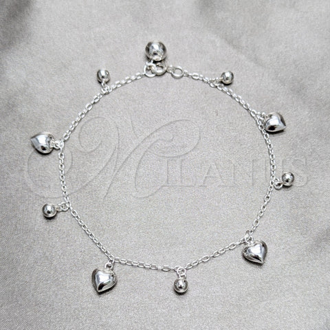 Tobillera de Dije 03.409.0150.10 Plata Rodinada, Diseño de Corazón y Bola, Pulido, Tono Plateado (Grosor 03 MM, 10 Pulgadas de Largo)