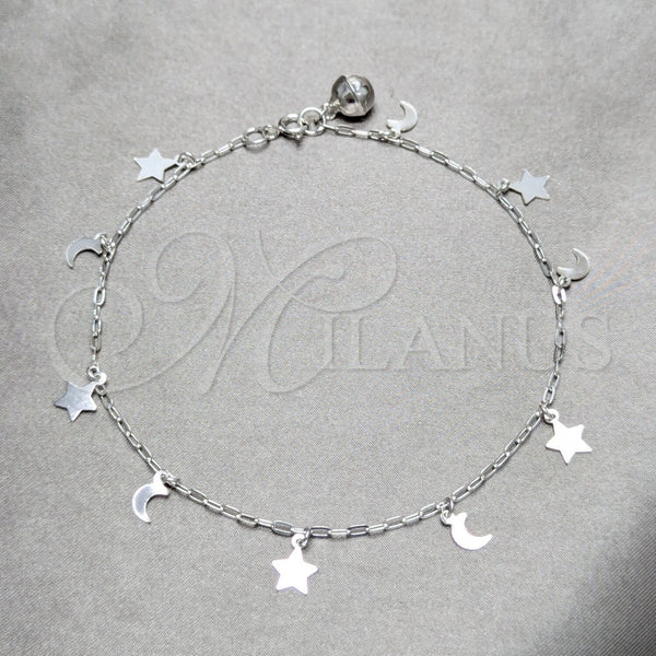 Tobillera de Dije 03.409.0151.10 Plata Rodinada, Diseño de Luna y Estrella, Pulido, Tono Plateado (Grosor 03 MM, 10 Pulgadas de Largo)