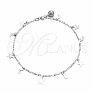 Tobillera de Dije 03.409.0151.10 Plata Rodinada, Diseño de Luna y Estrella, Pulido, Tono Plateado (Grosor 03 MM, 10 Pulgadas de Largo)