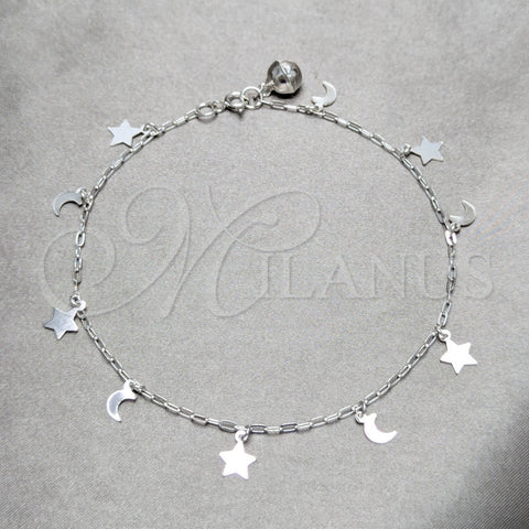 Tobillera de Dije 03.409.0151.10 Plata Rodinada, Diseño de Luna y Estrella, Pulido, Tono Plateado (Grosor 03 MM, 10 Pulgadas de Largo)