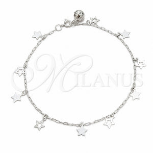 Tobillera de Dije 03.409.0153.10 Plata Rodinada, Diseño de Estrella, Pulido, Tono Plateado (Grosor 03 MM, 10 Pulgadas de Largo)