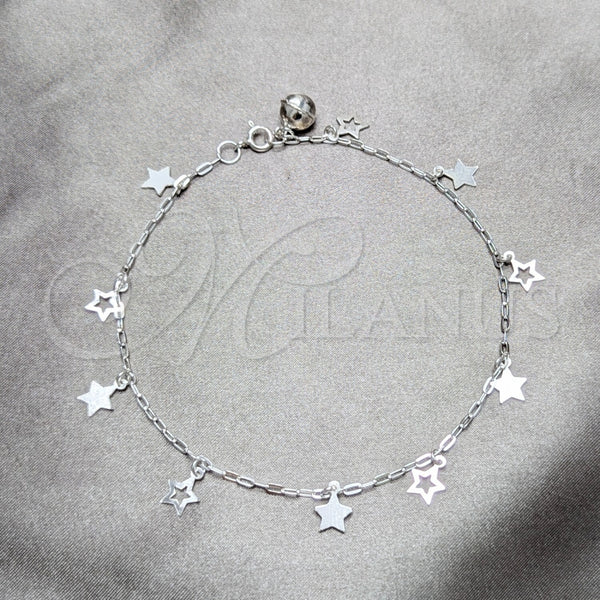 Tobillera de Dije 03.409.0153.10 Plata Rodinada, Diseño de Estrella, Pulido, Tono Plateado (Grosor 03 MM, 10 Pulgadas de Largo)