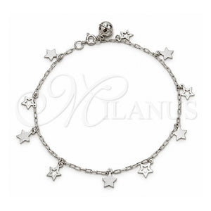 Tobillera de Dije 03.409.0153.10 Plata Rodinada, Diseño de Estrella, Pulido, Tono Plateado (Grosor 03 MM, 10 Pulgadas de Largo)