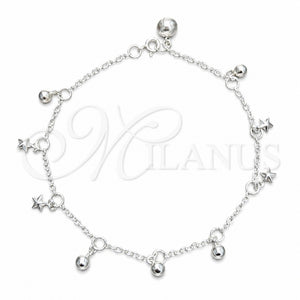 Tobillera de Dije 03.409.0154.10 Plata Rodinada, Diseño de Estrella y Bola, Pulido, Tono Plateado (Grosor 03 MM, 10 Pulgadas de Largo)