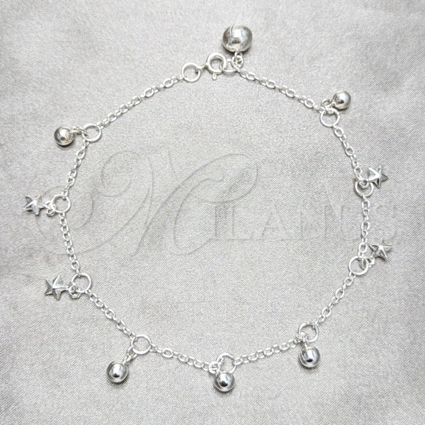 Tobillera de Dije 03.409.0154.10 Plata Rodinada, Diseño de Estrella y Bola, Pulido, Tono Plateado (Grosor 03 MM, 10 Pulgadas de Largo)