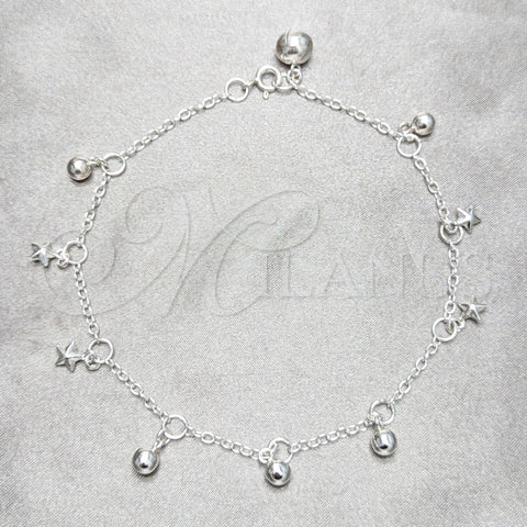 Tobillera de Dije 03.409.0154.10 Plata Rodinada, Diseño de Estrella y Bola, Pulido, Tono Plateado (Grosor 03 MM, 10 Pulgadas de Largo)