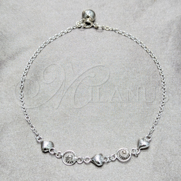 Tobillera de Dije 03.409.0155.10 Plata Rodinada, Diseño de Corazón y Sol, Pulido, Tono Plateado (Grosor 03 MM, 10 Pulgadas de Largo)