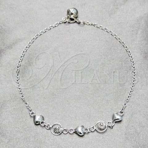 Tobillera de Dije 03.409.0155.10 Plata Rodinada, Diseño de Corazón y Sol, Pulido, Tono Plateado (Grosor 03 MM, 10 Pulgadas de Largo)