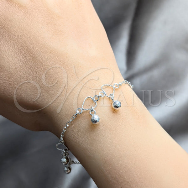 Pulsera de Dije 03.409.0156.07 Plata Rodinada, Diseño de Corazón y Bola, Pulido, Tono Plateado (Grosor 03 MM, 7 Pulgadas de Largo)