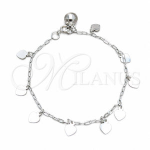 Pulsera de Dije 03.409.0157.07 Plata Rodinada, Diseño de Corazón, Pulido, Tono Plateado (Grosor 03 MM, 7 Pulgadas de Largo)