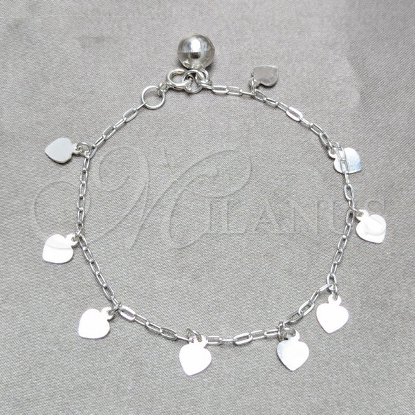 Pulsera de Dije 03.409.0157.07 Plata Rodinada, Diseño de Corazón, Pulido, Tono Plateado (Grosor 03 MM, 7 Pulgadas de Largo)