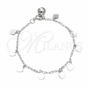 Pulsera de Dije 03.409.0157.07 Plata Rodinada, Diseño de Corazón, Pulido, Tono Plateado (Grosor 03 MM, 7 Pulgadas de Largo)