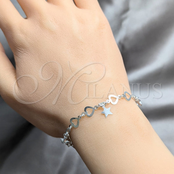 Pulsera de Dije 03.409.0158.07 Plata Rodinada, Diseño de Estrella y Corazón, Pulido, Tono Plateado (Grosor 03 MM, 7 Pulgadas de Largo)