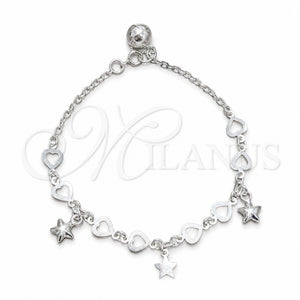 Pulsera de Dije 03.409.0158.07 Plata Rodinada, Diseño de Estrella y Corazón, Pulido, Tono Plateado (Grosor 03 MM, 7 Pulgadas de Largo)