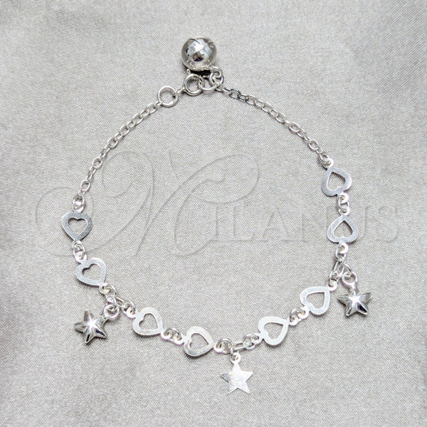 Pulsera de Dije 03.409.0158.07 Plata Rodinada, Diseño de Estrella y Corazón, Pulido, Tono Plateado (Grosor 03 MM, 7 Pulgadas de Largo)