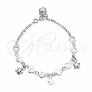Pulsera de Dije 03.409.0158.07 Plata Rodinada, Diseño de Estrella y Corazón, Pulido, Tono Plateado (Grosor 03 MM, 7 Pulgadas de Largo)